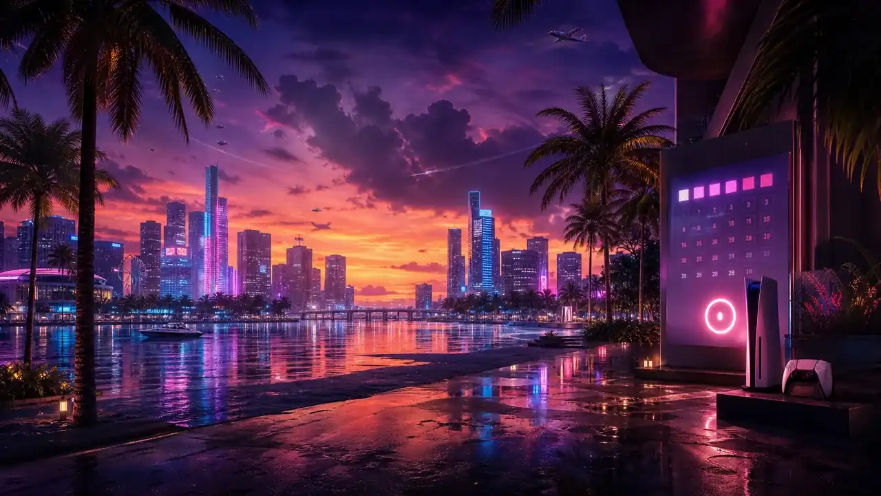 Fictional neon coastal city at sunset with a game launch countdown display