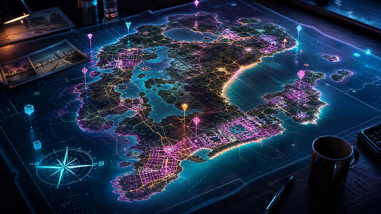 Original holographic map of a fictional tropical coastal state