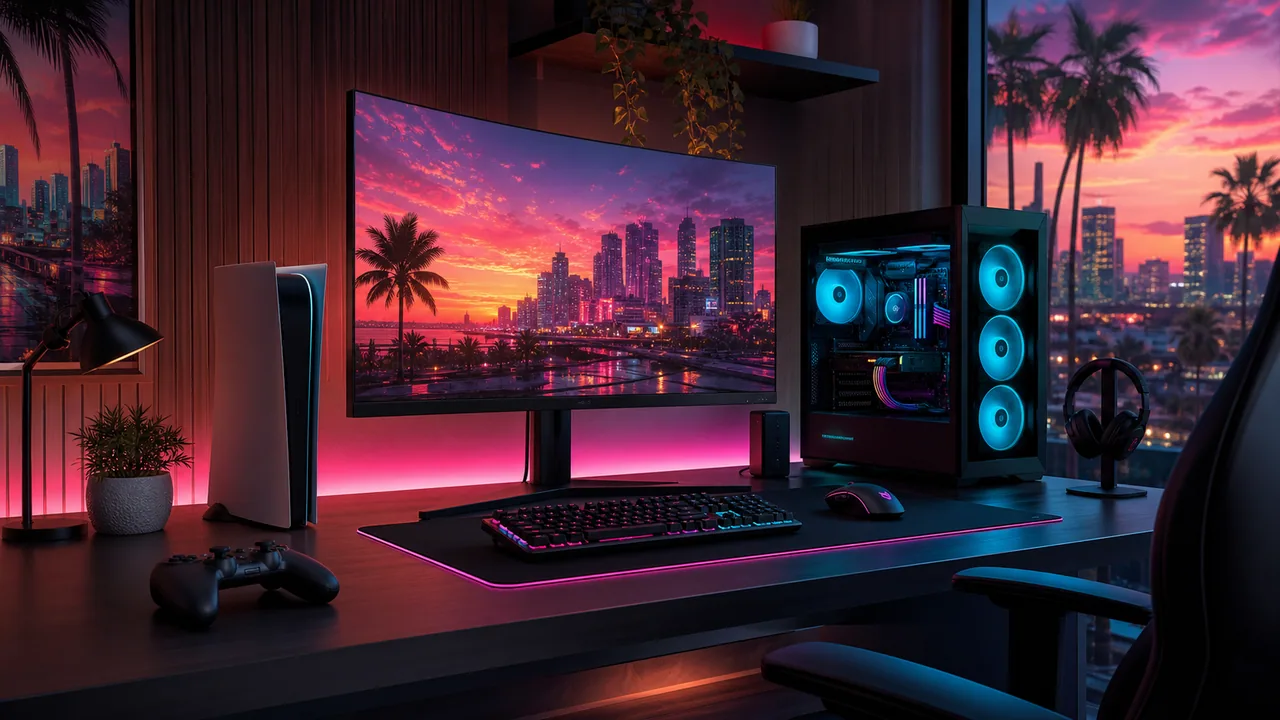 Generic PC and console gaming setup overlooking a neon coastal city